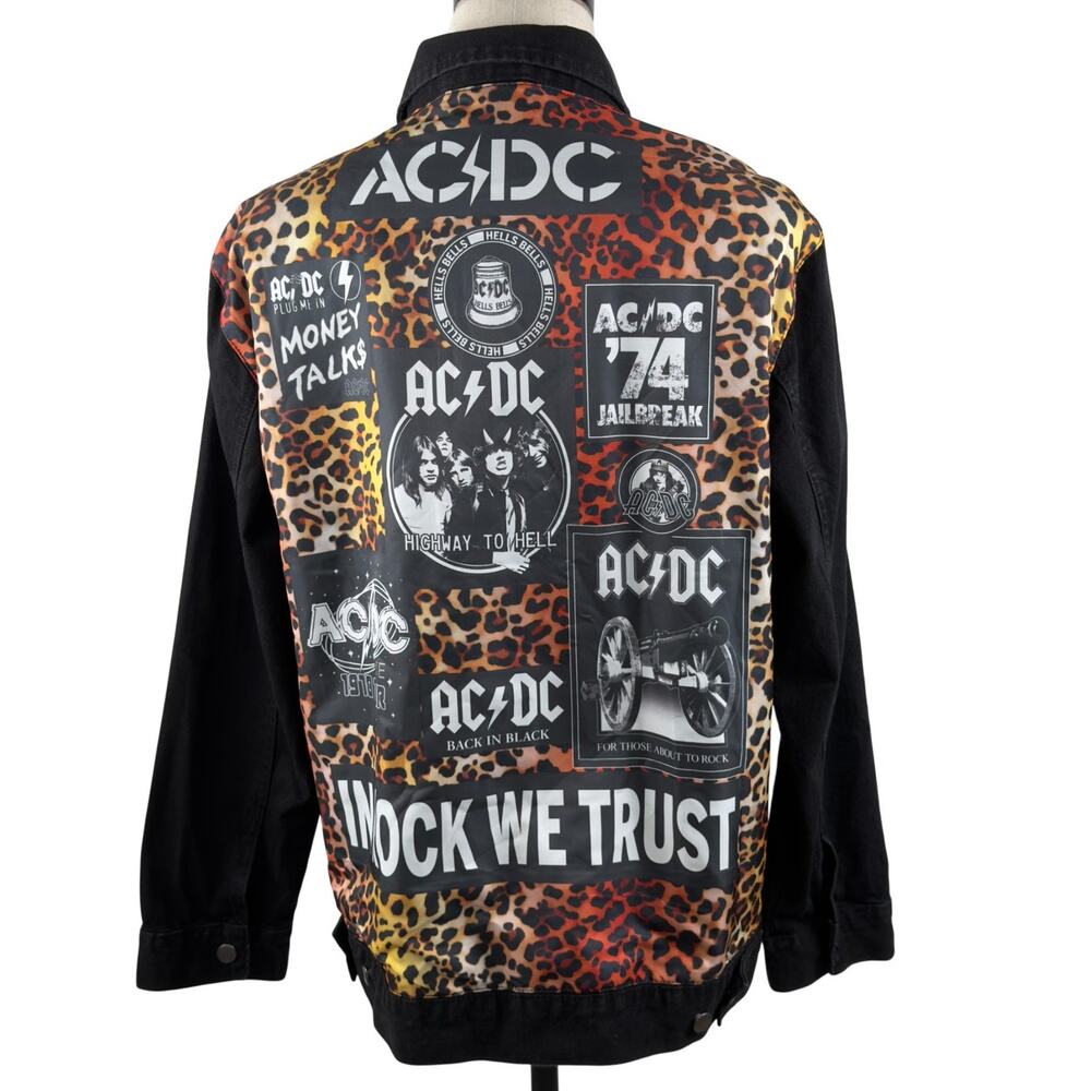 AC?DC Black Leopard Print Denim Jean Jacket XL NWT Concerts Albums Unisex